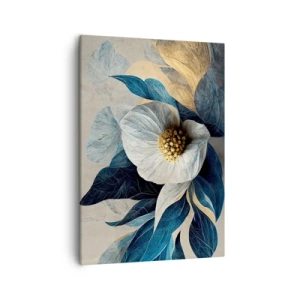 Bild auf Leinwand - Leinwandbild - Eine Blume mit blauen Blättern auf einem eleganten Hintergrund - 50x70cm - Er hat ein Herz aus Gold - Moderne Wanddekoration für Wohnzimmer und Schlafzimmer ARTTOR
