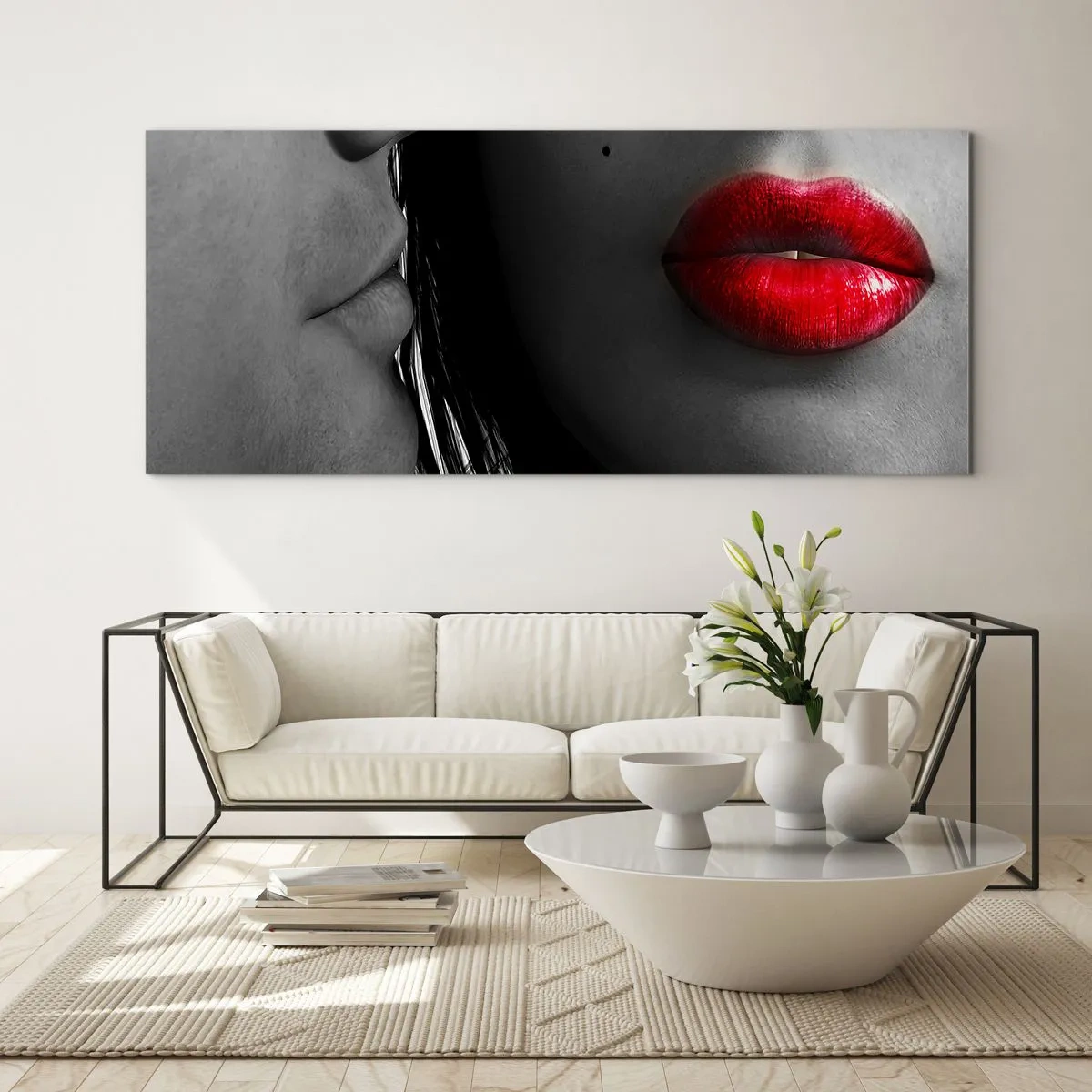 Glasbild - Bild auf glas - Nahaufnahme der Gesichter einer Frau und eines Mannes mit roten Lippen. - 160x50cm - Gesicht am Gesicht - Moderne Wanddekoration für Wohnzimmer und Schlafzimmer ARTTOR