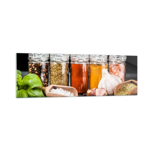 Glasbild - Bild auf glas - Kräuter und Gewürze in Gläsern auf dunklem Hintergrund - 160x50cm - Für einen Geschmack des Lebens - Moderne Wanddekoration für Wohnzimmer und Schlafzimmer ARTTOR