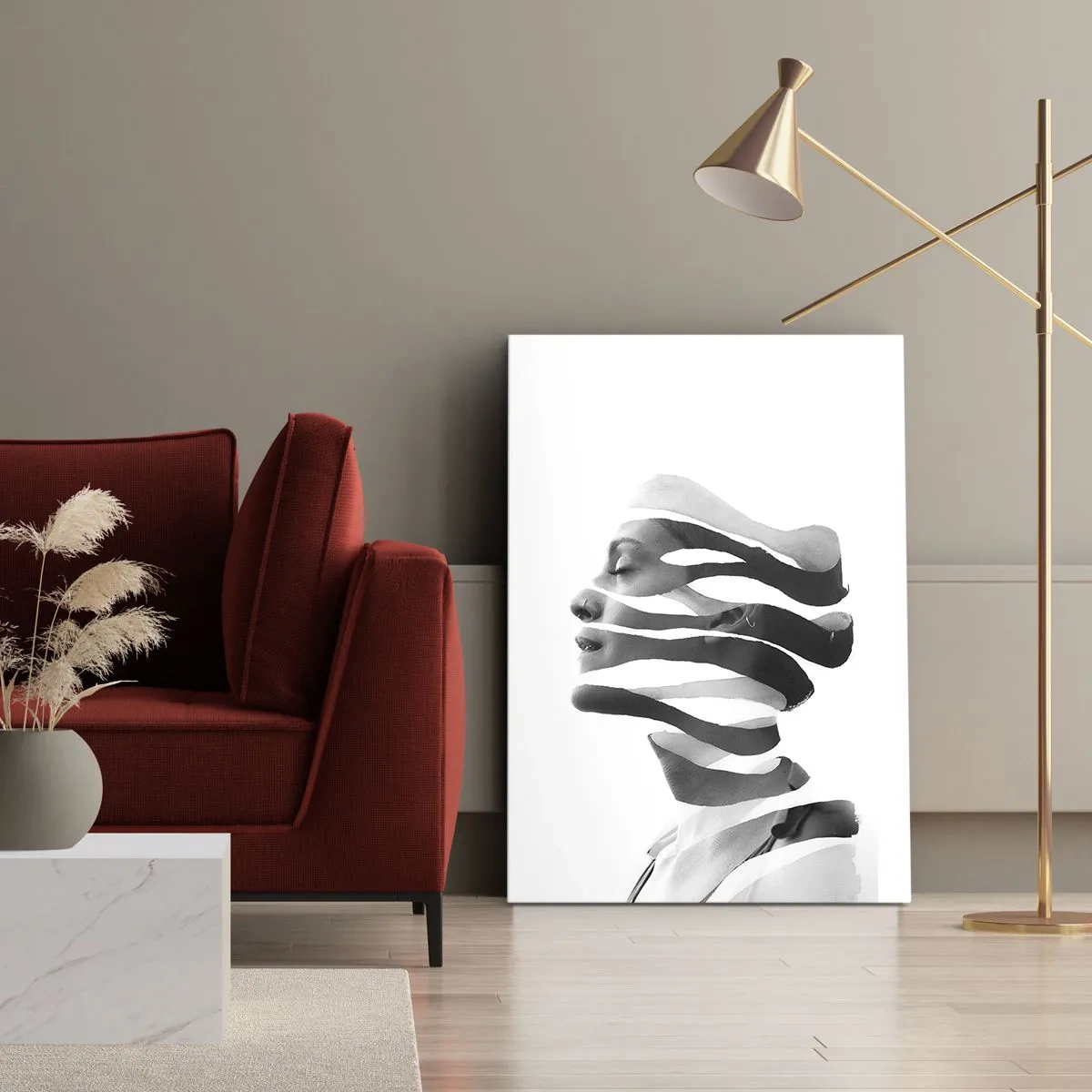 Bild auf Leinwand - Leinwandbild - Schwarz-Weiß-Porträt einer Frau mit surrealem Streifeneffekt - 70x100cm - Surreales Porträt - Moderne Wanddekoration für Wohnzimmer und Schlafzimmer ARTTOR