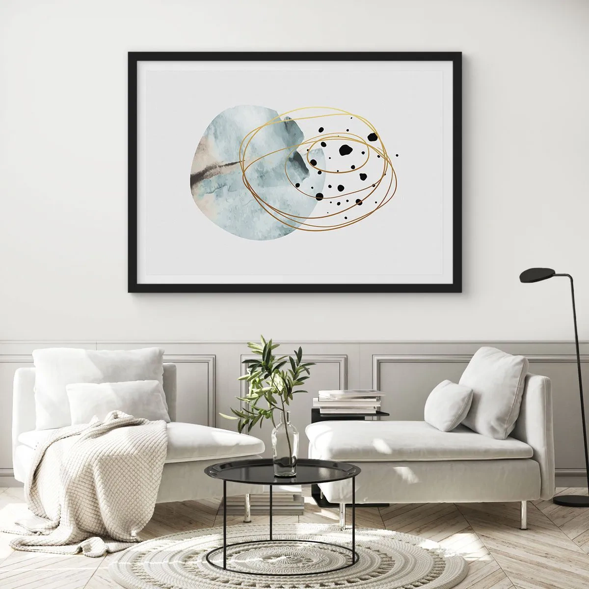 Poster in einem schwarzem Rahmen - Minimalistische Abstraktion mit geometrischem Muster und goldenen Linien - 70x50cm - Vom Weltraum umarmt - Moderne Wanddekoration für Wohnzimmer und Schlafzimmer ARTTOR