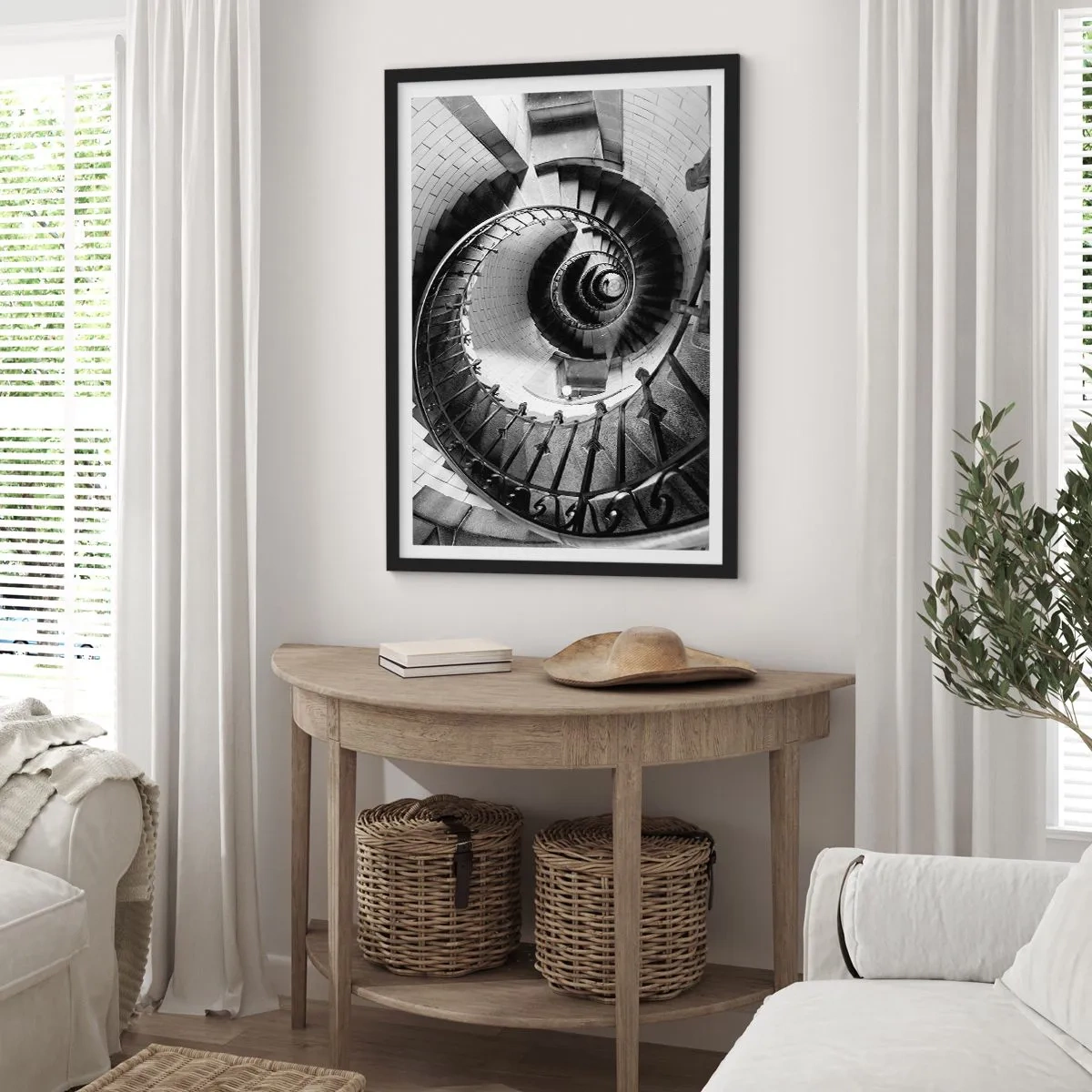 Poster in einem schwarzem Rahmen - Wendeltreppe in Schwarz-Weiß-Perspektive - 50x70cm - Höher und höher - Moderne Wanddekoration für Wohnzimmer und Schlafzimmer ARTTOR