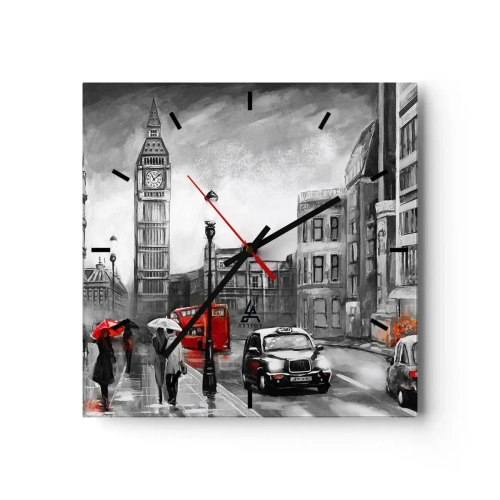 Wanduhr - Glasuhr - Eine Londoner Szene in Schwarzweiß mit roten Akzenten - 30x30cm - Gar keine graue Stadt - Moderne Wanddekoration für Wohnzimmer und Schlafzimmer ARTTOR