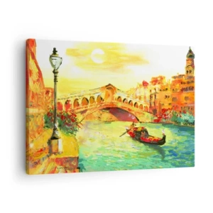 Bild auf Leinwand - Leinwandbild - Eine malerische Brücke über den Kanal mit einer Gondel im Licht der untergehenden Sonne - 70x50cm - Eine Pilgerreise der Liebenden - Moderne Wanddekoration für Wohnzimmer und Schlafzimmer ARTTOR