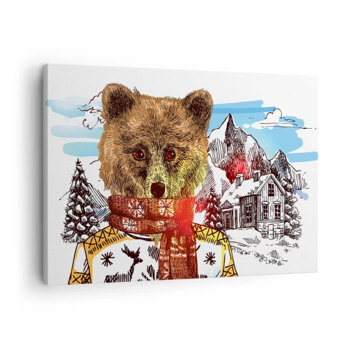 Bild auf Leinwand - Leinwandbild - Ein Bär in Pullover und Schal mit einem Berghaus im Hintergrund - 70x50cm - Die Bärenhütte - Moderne Wanddekoration für Wohnzimmer und Schlafzimmer ARTTOR