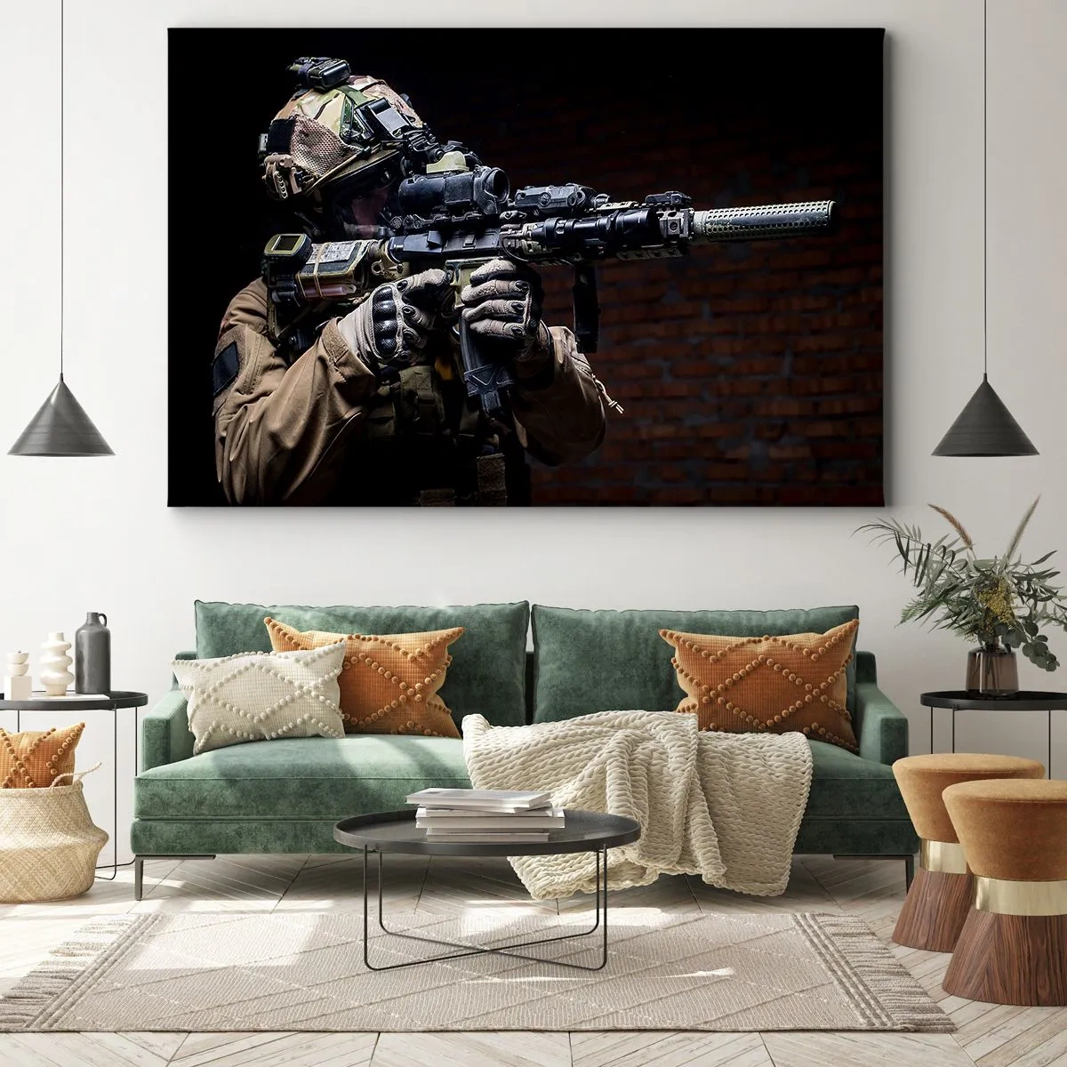 Bild auf Leinwand - Leinwandbild - Ein Soldat in voller Montur mit einem Gewehr - 120x80cm - Tödlich wirksam - Moderne Wanddekoration für Wohnzimmer und Schlafzimmer ARTTOR