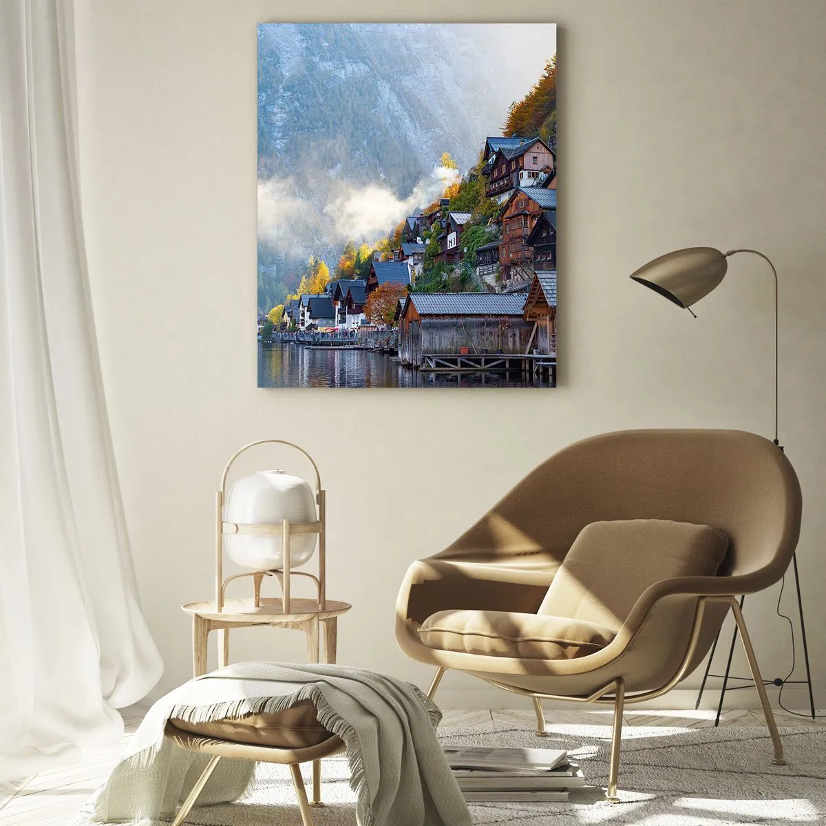 Glasbild - Bild auf glas - Ein Bergdorf an einem See in herbstlicher Landschaft - 70x100cm - Alpenatmosphäre - Moderne Wanddekoration für Wohnzimmer und Schlafzimmer ARTTOR