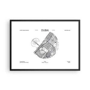 Poster in einem schwarzem Rahmen - Eine minimalistische Schwarzweißkarte von Dubai mit Standortmarkierungen. - 70x50cm - Anatomie von Dubai - Moderne Wanddekoration für Wohnzimmer und Schlafzimmer ARTTOR
