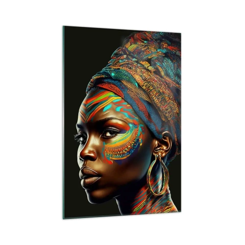 Glasbild - Bild auf glas - Porträt einer Frau mit buntem Muster und Turban - 70x100cm - Afrikanische Königin - Moderne Wanddekoration für Wohnzimmer und Schlafzimmer ARTTOR