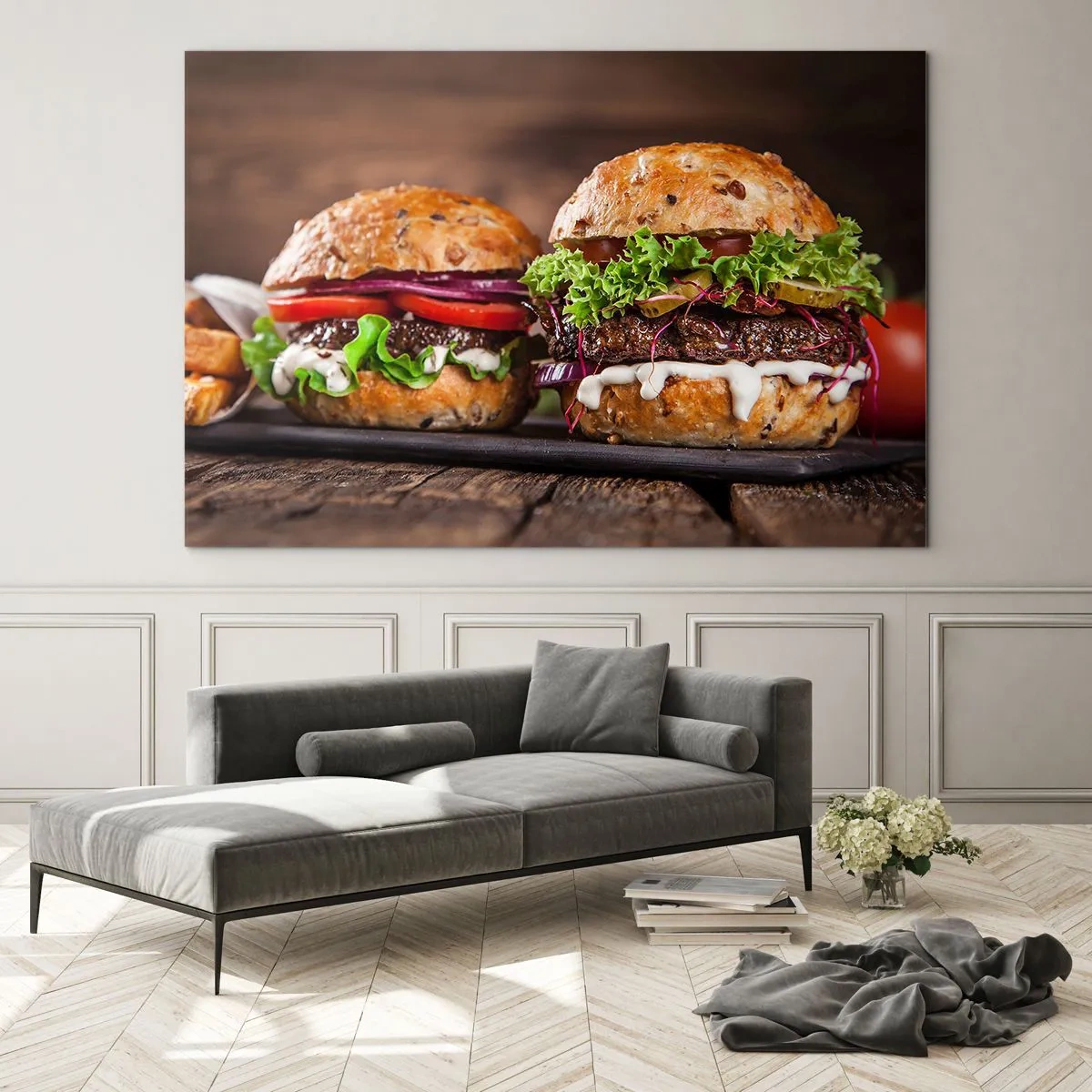 Glasbild - Bild auf glas - Appetitliche Burger mit Gemüse und Sauce - 100x70cm - Amerikanischer Traum - Moderne Wanddekoration für Wohnzimmer und Schlafzimmer ARTTOR