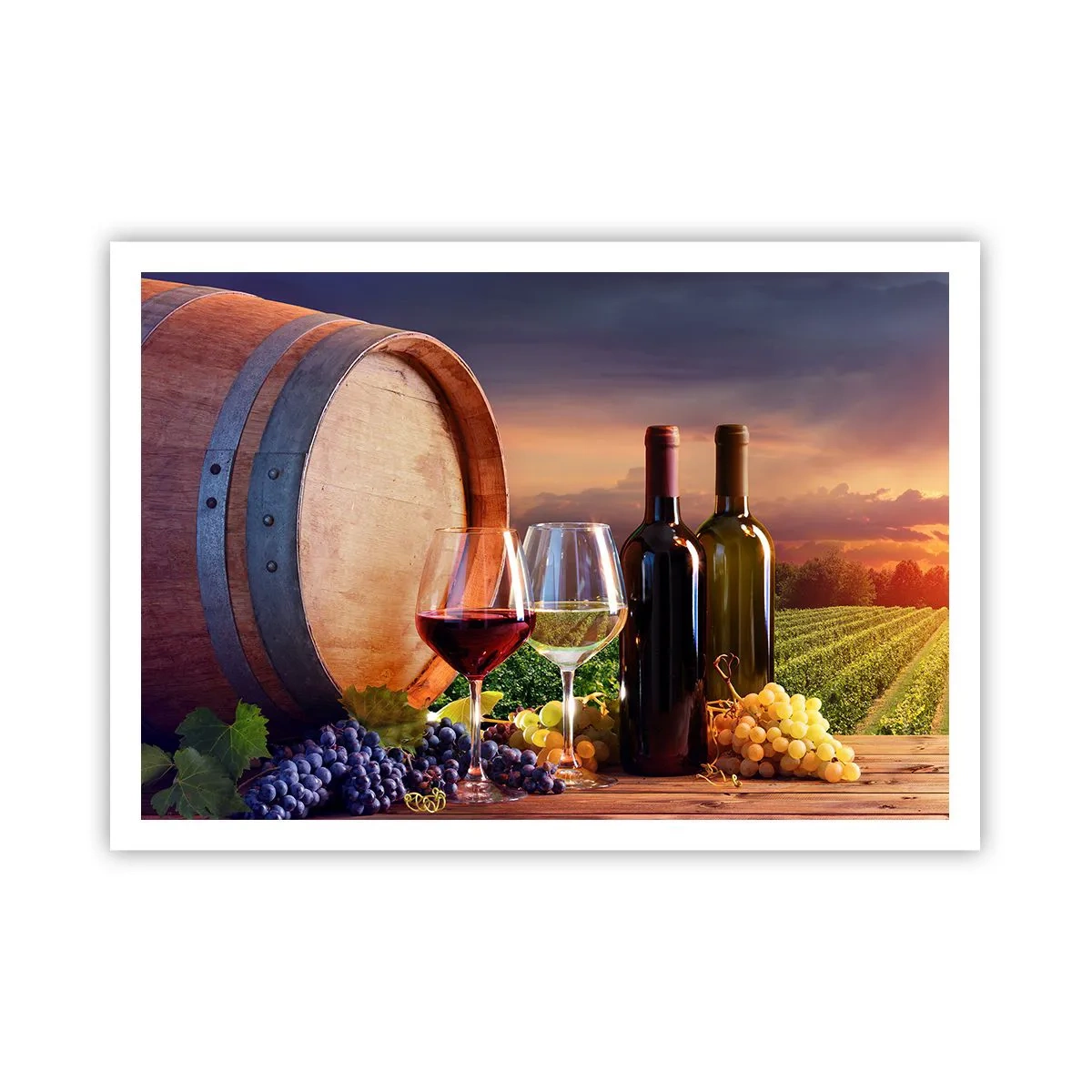 Poster - Wein, Gläser und ein Fass in einer malerischen Landschaft - 100x70cm - Hier schmeckt das Leben - Moderne Wanddekoration für Wohnzimmer und Schlafzimmer ARTTOR