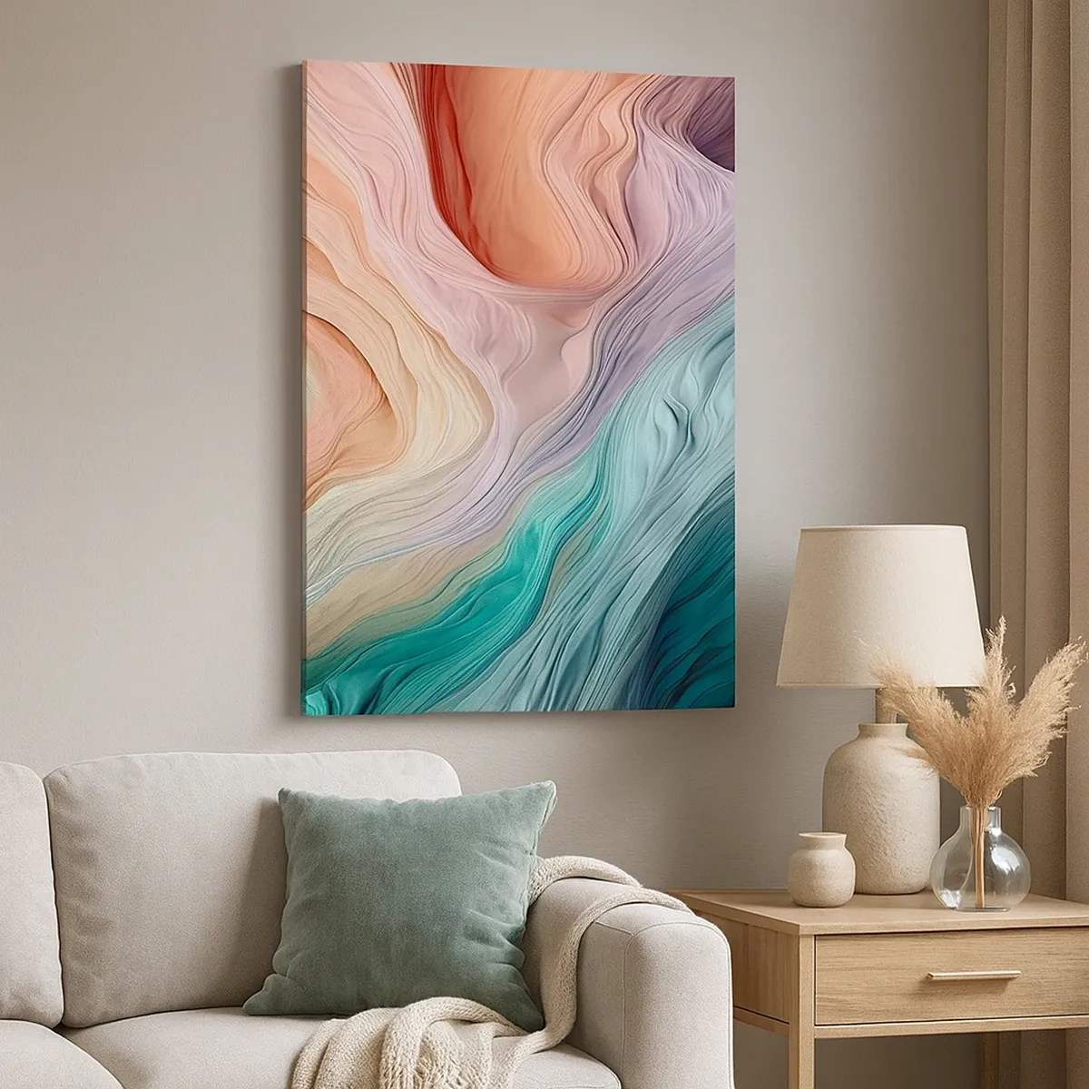 Bild auf Leinwand - Leinwandbild - Abstrakte Wellen in Pastell- und Regenbogenfarben - 50x70cm - Regenbogenwelle - Moderne Wanddekoration für Wohnzimmer und Schlafzimmer ARTTOR