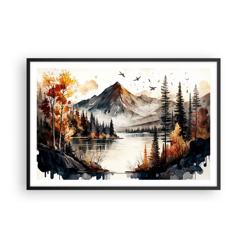Poster in einem schwarzem Rahmen - Goldener Herbst in den Bergen - 91x61 cm