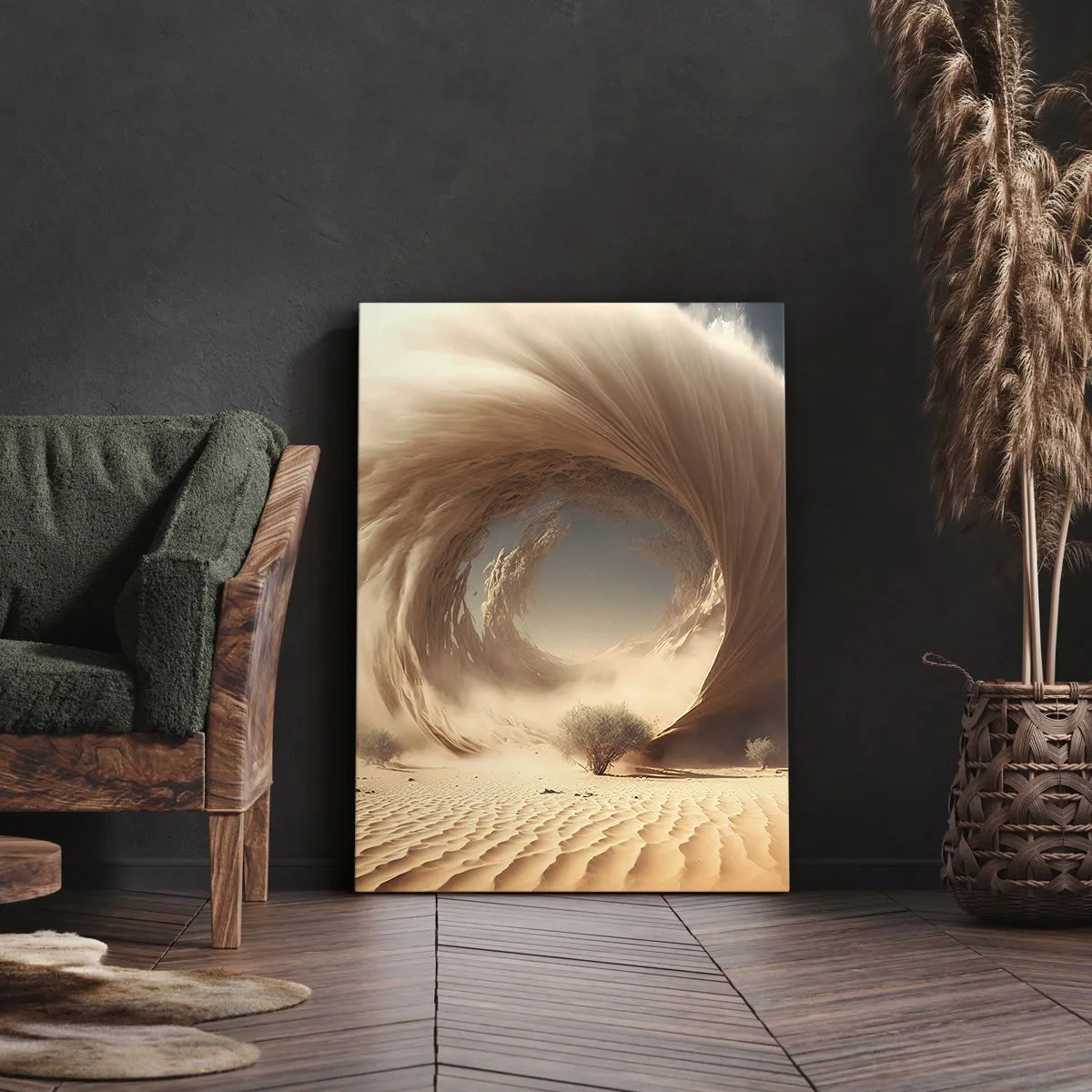 Bild auf Leinwand - Leinwandbild - Dynamischer Sandwirbel in einer Wüste mit Bäumen - 50x70cm - Geöffnetes Portal - Moderne Wanddekoration für Wohnzimmer und Schlafzimmer ARTTOR