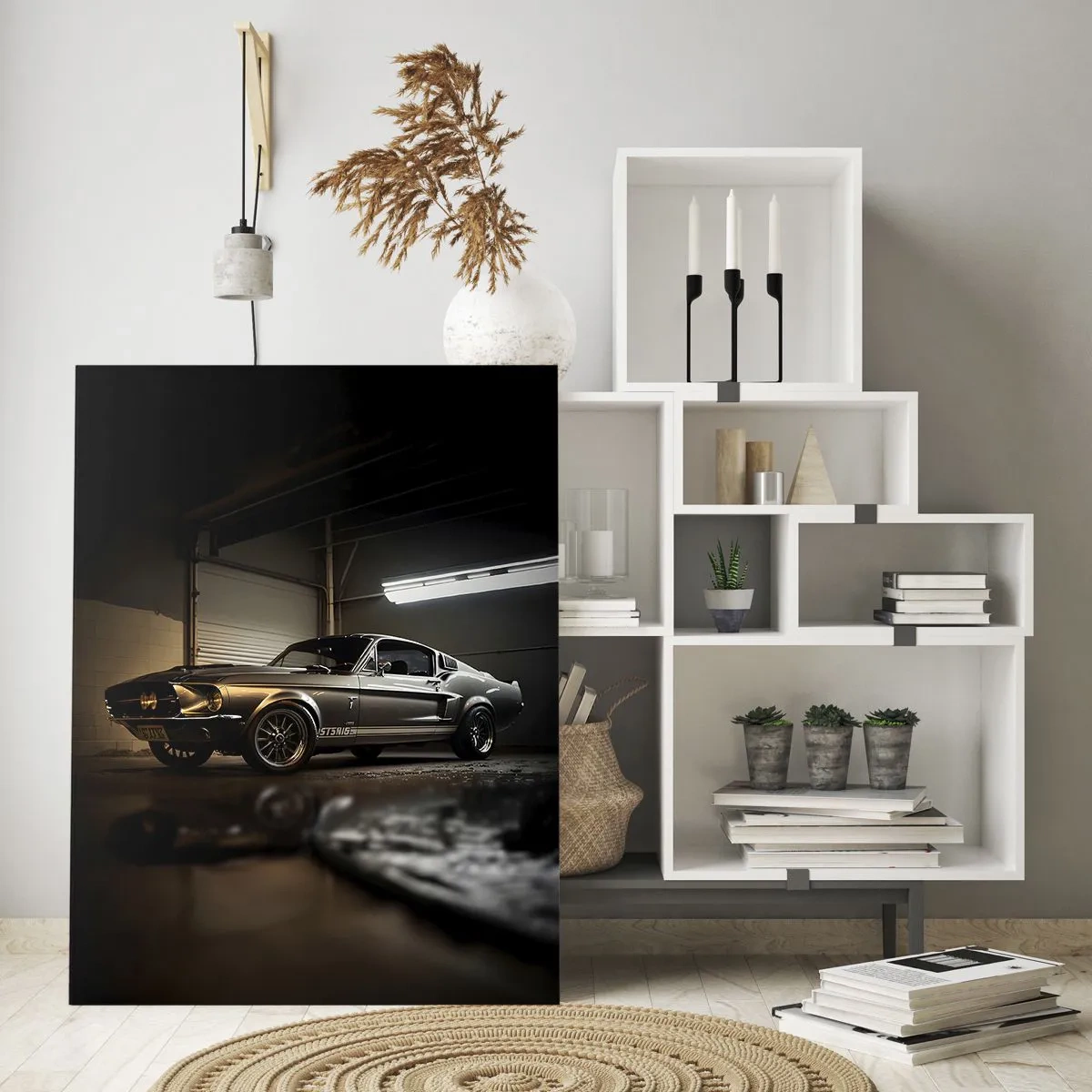 Glasbild - Bild auf glas - Oldtimer in Garage unter Industriebeleuchtung - 50x70cm - Zurück in die Vergangenheit - Moderne Wanddekoration für Wohnzimmer und Schlafzimmer ARTTOR