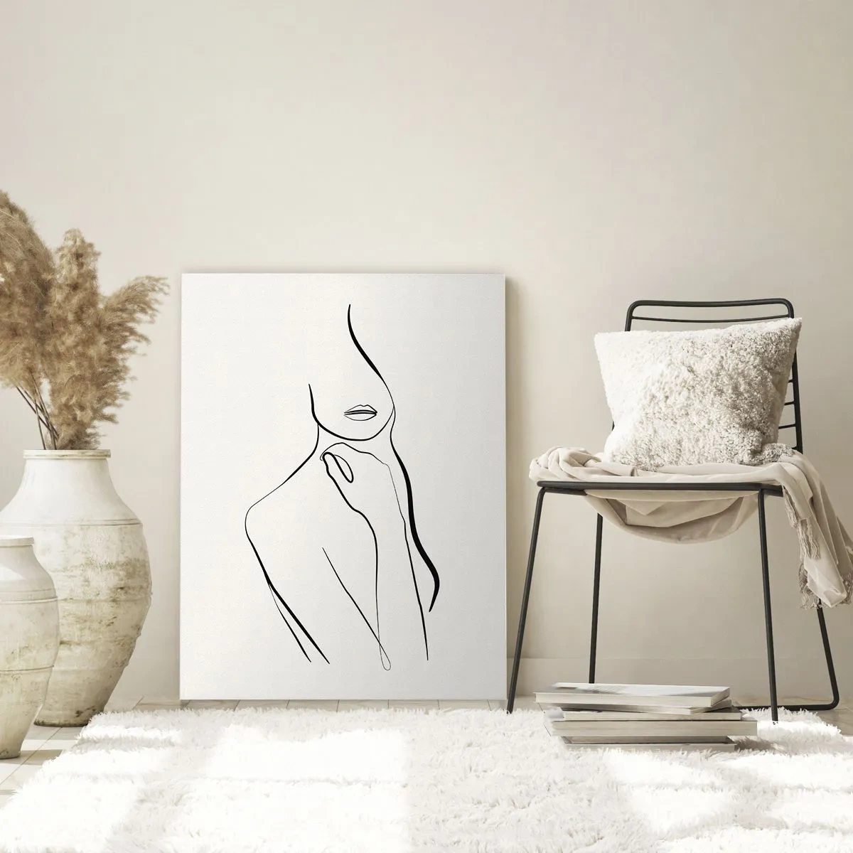 Glasbild - Bild auf glas - Eine minimalistische Linie, die eine weibliche Silhouette vor einem hellen Hintergrund zeigt - 50x70cm - Eine Welle der Melancholie - Moderne Wanddekoration für Wohnzimmer und Schlafzimmer ARTTOR