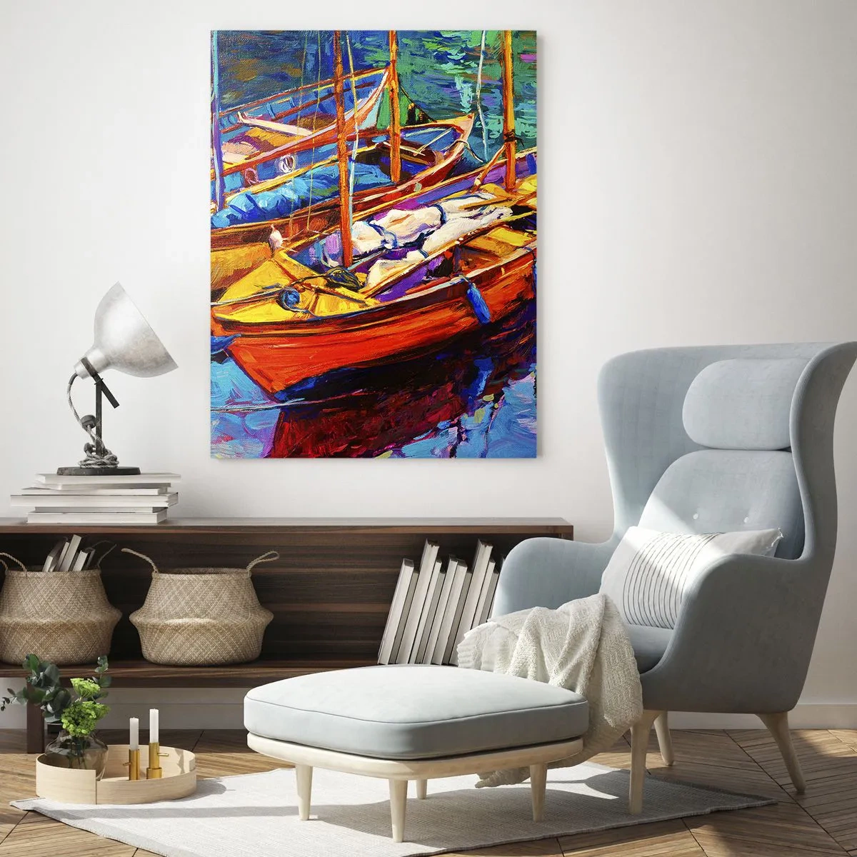 Glasbild - Bild auf glas - Bunte Boote auf ruhigem Wasser - 50x70cm - Auf Wasser dick mit Farben - Moderne Wanddekoration für Wohnzimmer und Schlafzimmer ARTTOR