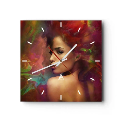 Wanduhr - Glasuhr - Eine Frau mit bunten Reflexionen, die einen abstrakten Hintergrund erzeugen - 30x30cm - Schöner als ein Regenbogen, so zart wie ein Nebel - Moderne Wanddekoration für Wohnzimmer und Schlafzimmer ARTTOR