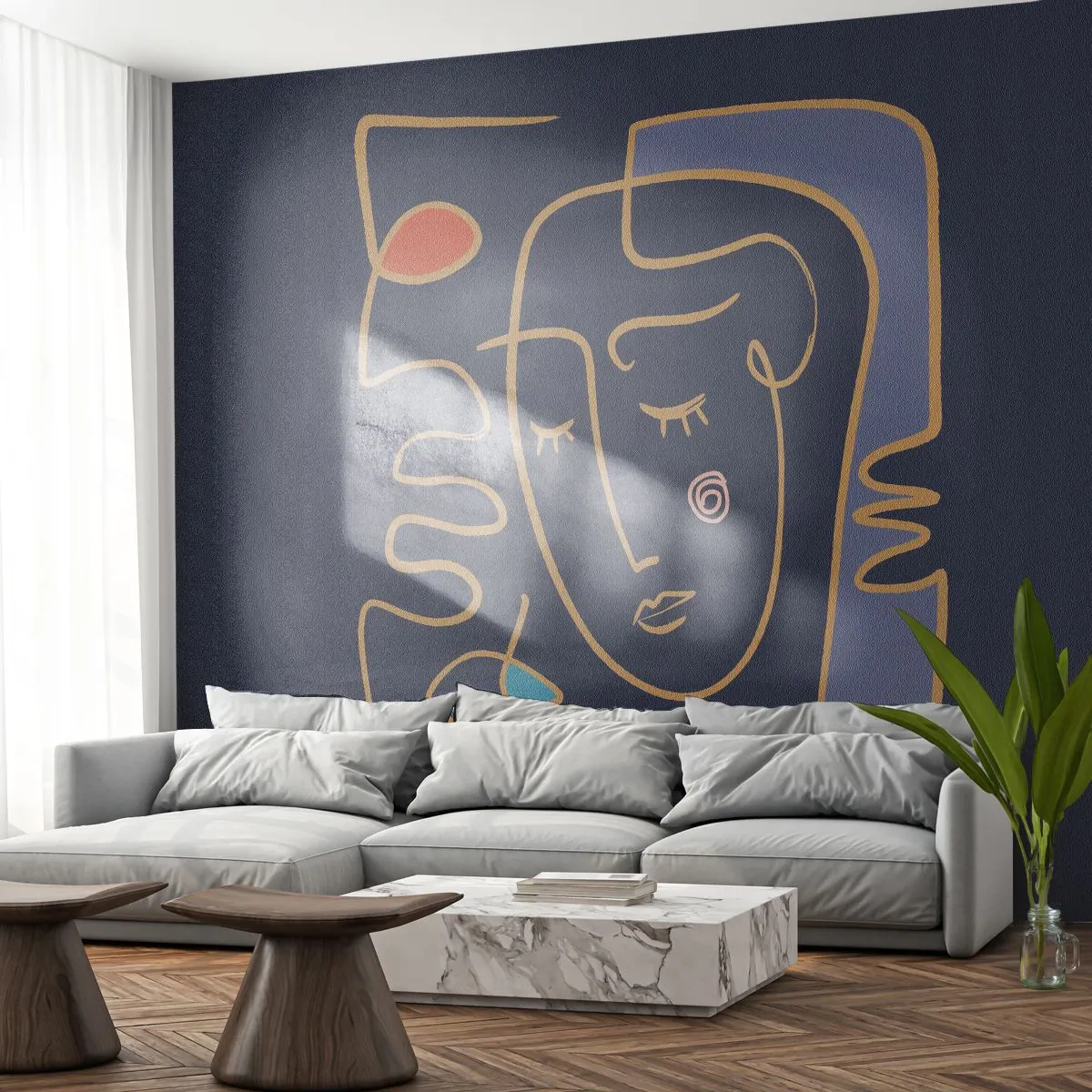 Fototapete Premium Sand - Konturporträt einer Frau auf marineblauem Hintergrund - 100x70cm - In Gedanken - Moderne Wanddekoration für Wohnzimmer und Schlafzimmer ARTTOR