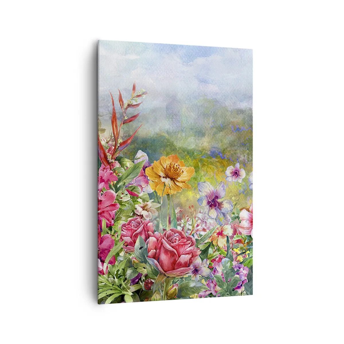 Bild auf Leinwand - Leinwandbild - Eine farbenfrohe Blumenkomposition vor einem pastellfarbenen Landschaftshintergrund - 80x120cm - Ein Garten, der verrückt geworden ist - Moderne Wanddekoration für Wohnzimmer und Schlafzimmer ARTTOR