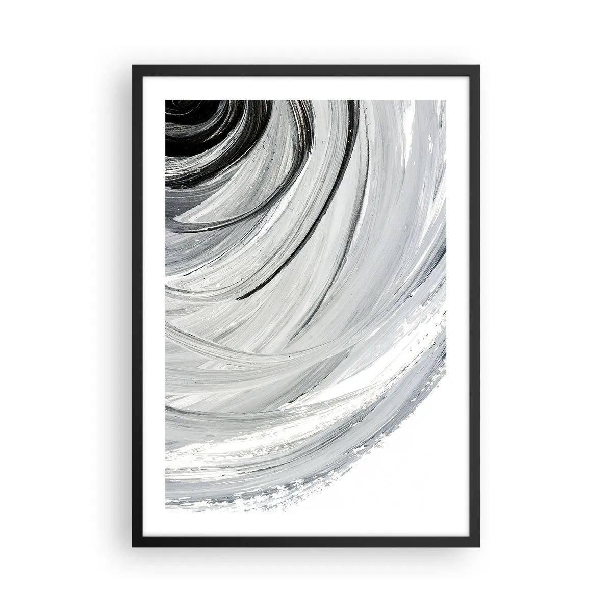 Poster in einem schwarzem Rahmen - Dynamische Abstraktion in Schwarz-, Weiß- und Grautönen - 50x70cm - Orbitale Komposition - Moderne Wanddekoration für Wohnzimmer und Schlafzimmer ARTTOR
