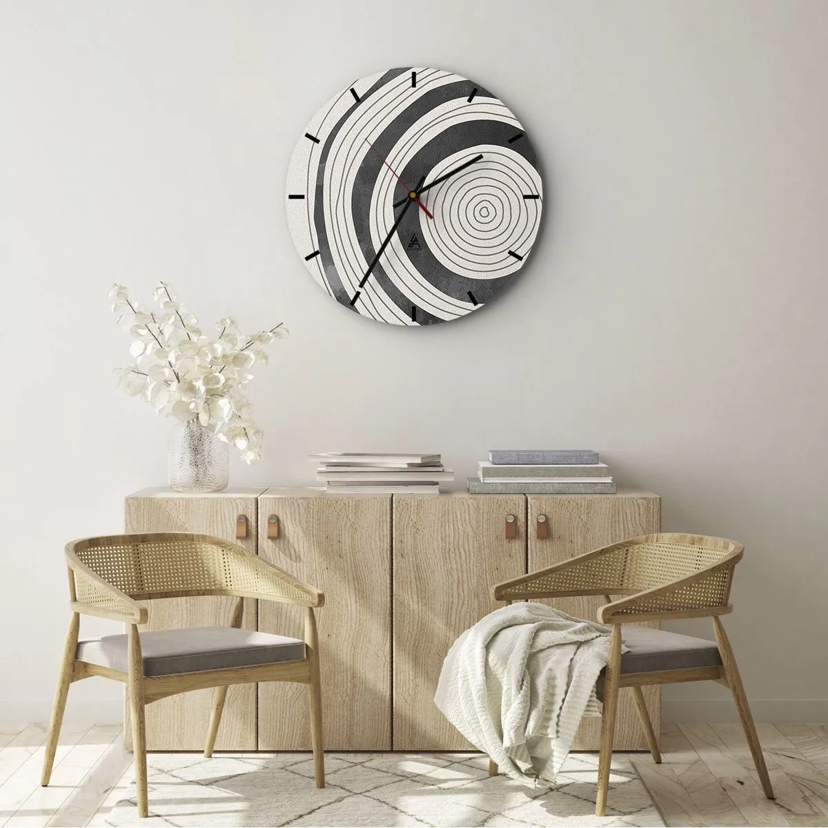 Wanduhr - Glasuhr - Konzentrische Ringe in Grautönen auf hellem Hintergrund - 30x30cm - Wichtig ist, was dazwischen liegt - Moderne Wanddekoration für Wohnzimmer, Küche und Schlafzimmer ARTTOR