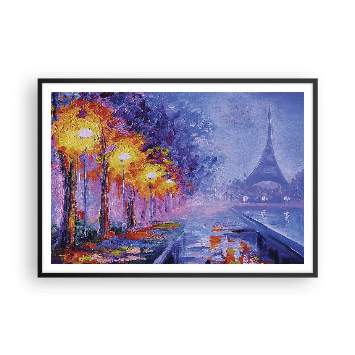 Poster in einem schwarzem Rahmen - Eine Allee mit Lampen in Paris mit dem Eiffelturm im Hintergrund - 100x70cm - Ein Traumspaziergang - Moderne Wanddekoration für Wohnzimmer und Schlafzimmer ARTTOR