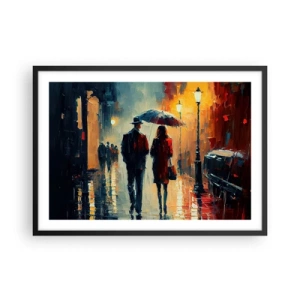Poster in einem schwarzem Rahmen - Nachts im Regen unter einem Regenschirm in der Stadt spazieren gehen - 70x50cm - Urbane Liebesgeschichte - Moderne Wanddekoration für Wohnzimmer und Schlafzimmer ARTTOR