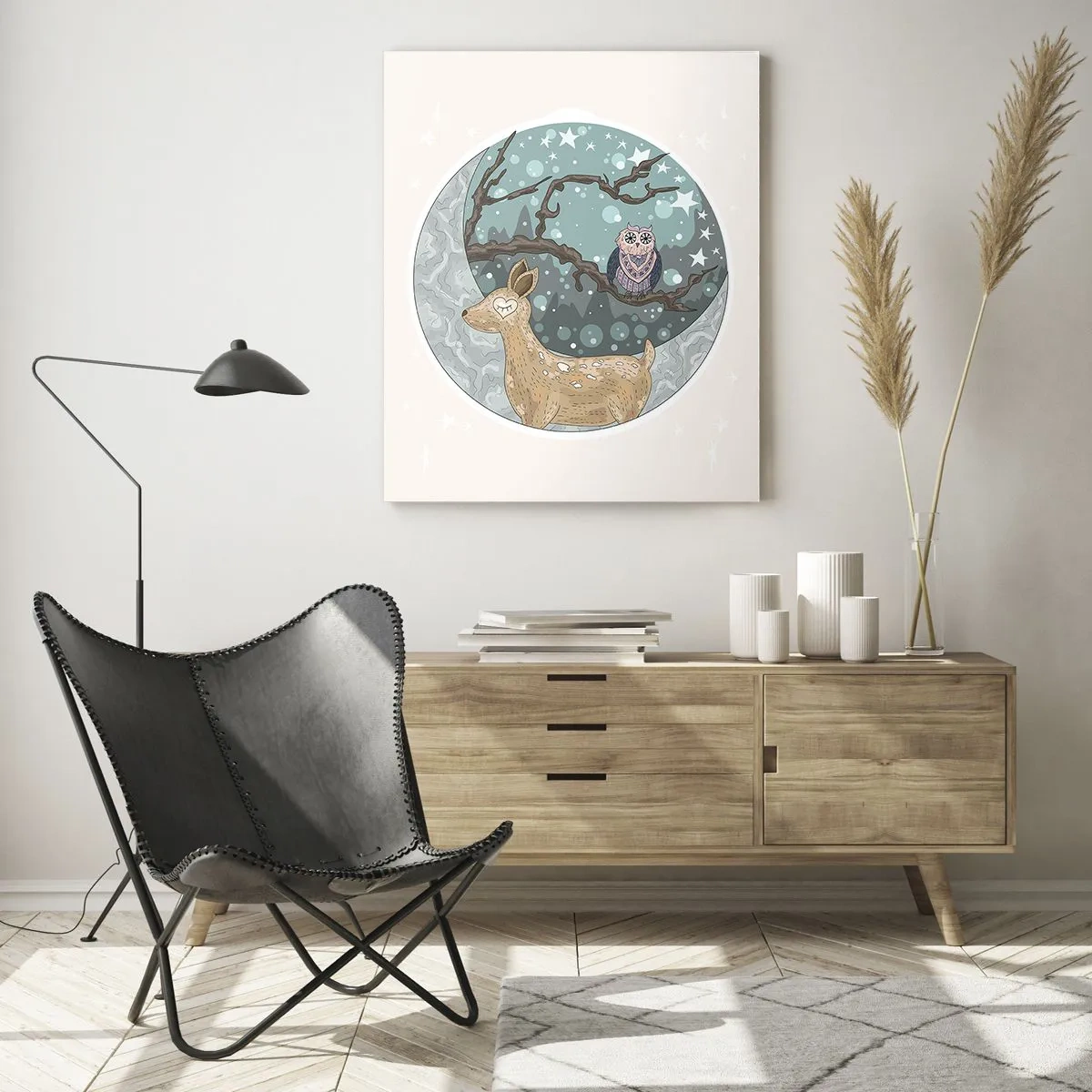 Glasbild - Bild auf glas - Ein Reh und eine Eule in einer märchenhaften Nachtlandschaft - 70x100cm - Eine märchenhafte Waldnacht - Moderne Wanddekoration für Wohnzimmer und Schlafzimmer ARTTOR