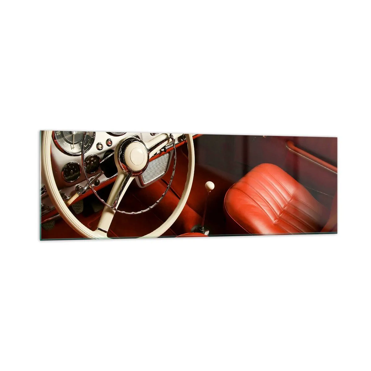 Glasbild - Bild auf glas - Oldtimer-Innenraum mit roten Ledersitzen - 160x50cm - Luxus im Vintagestil - Moderne Wanddekoration für Wohnzimmer und Schlafzimmer ARTTOR