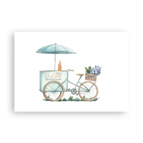 Poster - Ein Fahrrad mit Eis und Blumen unter einem Regenschirm in zarten Pastellfarben - 100x70cm - Süße Erinnerung an den Sommer - Moderne Wanddekoration für Wohnzimmer und Schlafzimmer ARTTOR