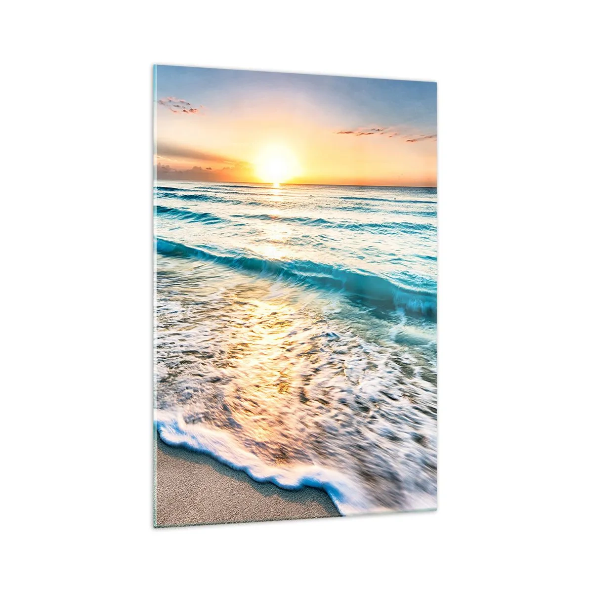 Glasbild - Bild auf glas - Sonnenaufgang über einem ruhigen Strand mit Wellen - 70x100cm - Ein Blick lohnt sich - Moderne Wanddekoration für Wohnzimmer und Schlafzimmer ARTTOR