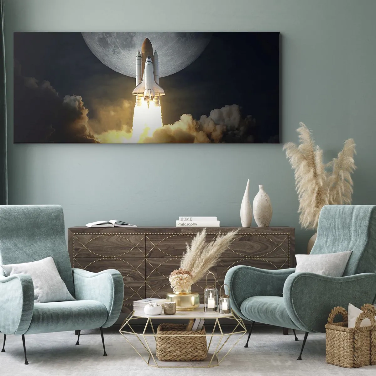 Bild auf Leinwand - Leinwandbild - Eine Rakete hebt vor dem Hintergrund eines Vollmonds ab, umgeben von dynamischen Wolken. - 120x50cm - Beginn eines überirdischen Abenteuers - Moderne Wanddekoration für Wohnzimmer und Schlafzimmer ARTTOR