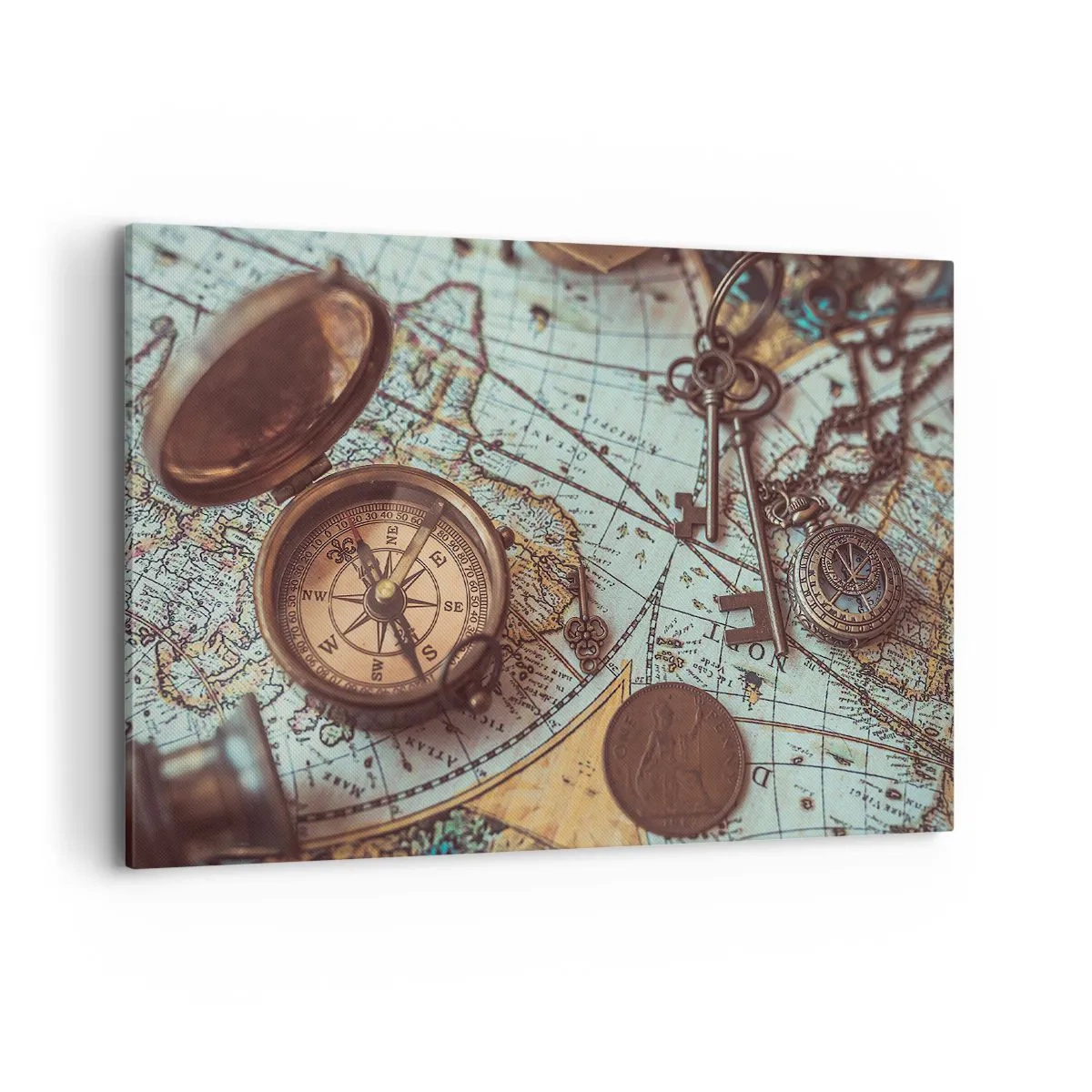 Bild auf Leinwand - Leinwandbild - Komposition mit Kompass, Schlüsseln und einer alten Karte im Retro-Stil - 100x70cm - Für den Abenteurer - Moderne Wanddekoration für Wohnzimmer und Schlafzimmer ARTTOR