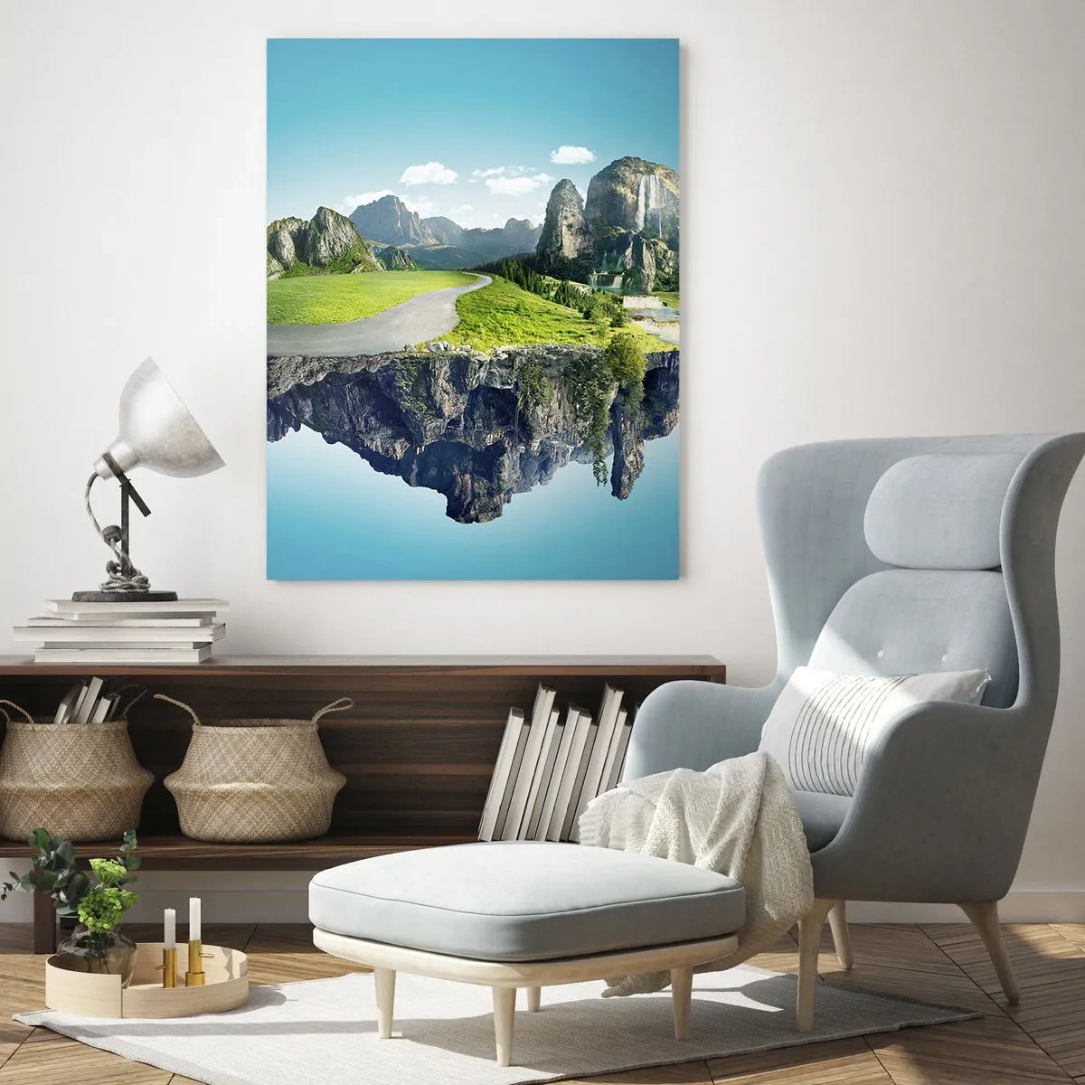 Glasbild - Bild auf glas - Eine schwimmende Insel mit Bergen und Wasserfällen - 80x120cm - Fantastische Insel - Moderne Wanddekoration für Wohnzimmer und Schlafzimmer ARTTOR