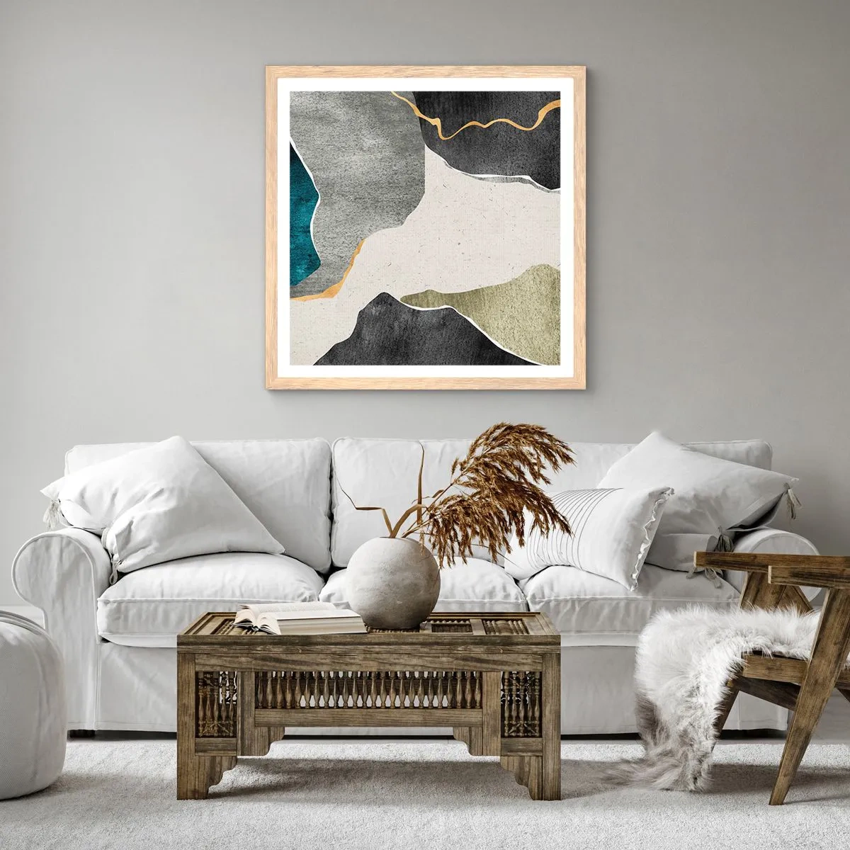 Poster in einem Rahmen aus heller Eiche - Mosaikkomposition mit Goldfaden - 30x30 cm