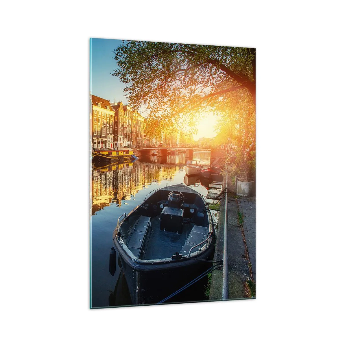 Glasbild - Bild auf glas - Amsterdamer Kanal bei Sonnenuntergang - 70x100cm - Morgen in Amsterdam - Moderne Wanddekoration für Wohnzimmer und Schlafzimmer ARTTOR