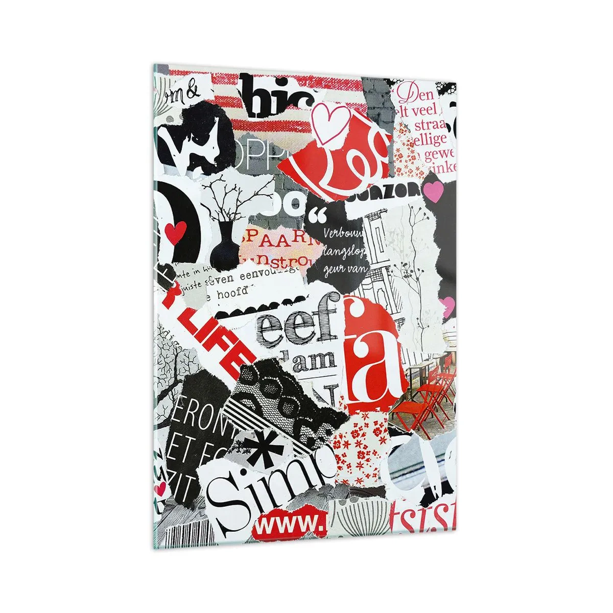 Glasbild - Bild auf glas - Eine Collage aus Buchstaben, Herzen und Bäumen im künstlerischen Stil. - 50x70cm - Hipster-Collage - Moderne Wanddekoration für Wohnzimmer und Schlafzimmer ARTTOR