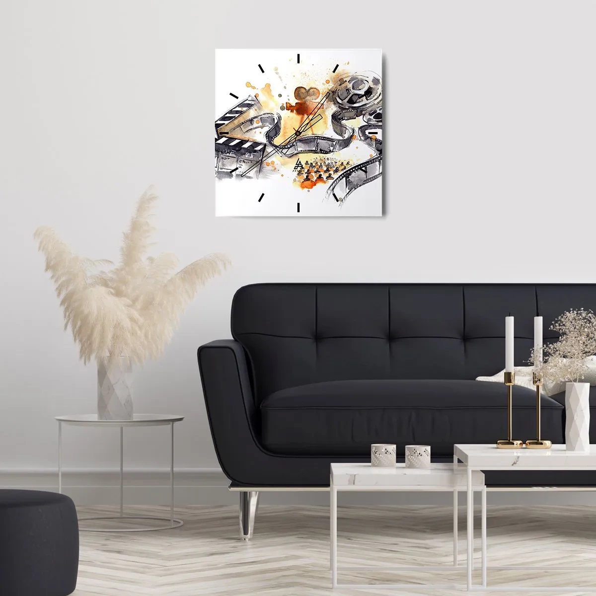 Wanduhr - Glasuhr - Die Symbolik des Kinos mit einem Filmstreifen in einem künstlerischen Aquarell - 30x30cm - Im Land der Träume - Moderne Wanddekoration für Wohnzimmer und Schlafzimmer ARTTOR