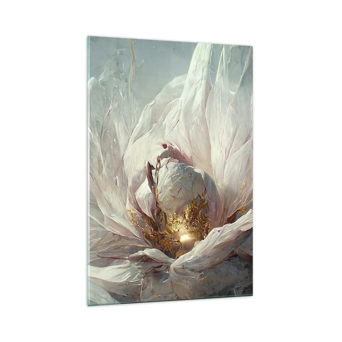 Glasbild - Bild auf glas - Eine zarte weiße Blume mit subtilen goldenen Akzenten - 70x100cm - Sie blüht alle hundert Jahre einmal - Moderne Wanddekoration für Wohnzimmer und Schlafzimmer ARTTOR