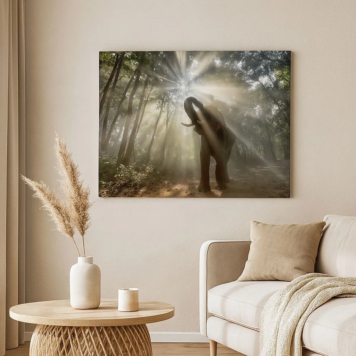 Bild auf Leinwand - Leinwandbild - Ein Elefant im Wald, umgeben von Lichtstrahlen im Morgennebel - 70x50cm - Unter dem Glücksstern - Moderne Wanddekoration für Wohnzimmer und Schlafzimmer ARTTOR