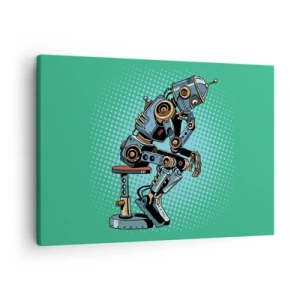 Bild auf Leinwand - Leinwandbild - Denkerroboter im Pop-Art-Stil auf grünem Hintergrund - 70x50cm - Über der Essenz des Seins - Moderne Wanddekoration für Wohnzimmer und Schlafzimmer ARTTOR