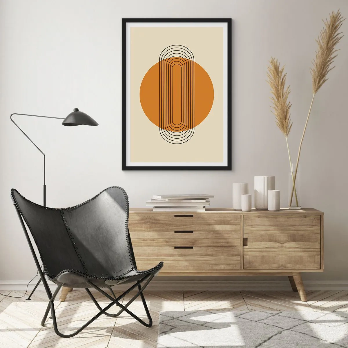 Poster in einem schwarzem Rahmen - Geometrisches Muster mit orangefarbenen Kreisen und Linien - 50x70cm - Perfekter Plan - Moderne Wanddekoration für Wohnzimmer und Schlafzimmer ARTTOR