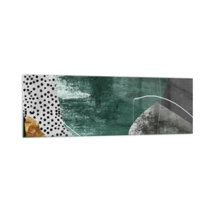 Glasbild - Bild auf glas - Abstrakte Komposition mit grünen Formen und Punktmustern - 160x50cm - Bunte Abstraktion mit Blattgold - Moderne Wanddekoration für Wohnzimmer und Schlafzimmer ARTTOR