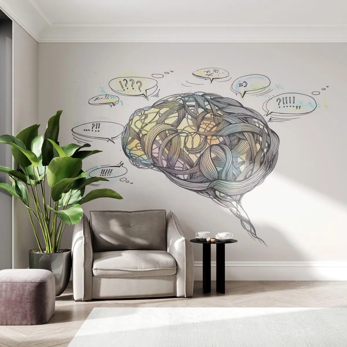 Fototapete Premium Sand - Künstlerische Darstellung eines Gehirns mit Gedankenblasen - 100x70cm - Mann - ein großes Geheimnis - Moderne Wanddekoration für Wohnzimmer und Schlafzimmer ARTTOR