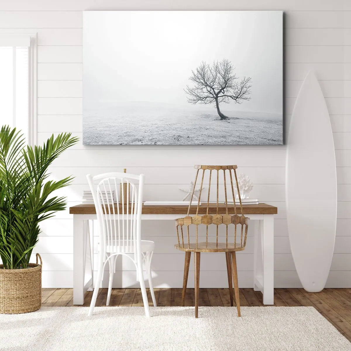 Bild auf Leinwand - Leinwandbild - Ein einsamer Baum im Winternebel auf einem leeren Feld - 70x50cm - Gegen das Nichts - Moderne Wanddekoration für Wohnzimmer und Schlafzimmer ARTTOR