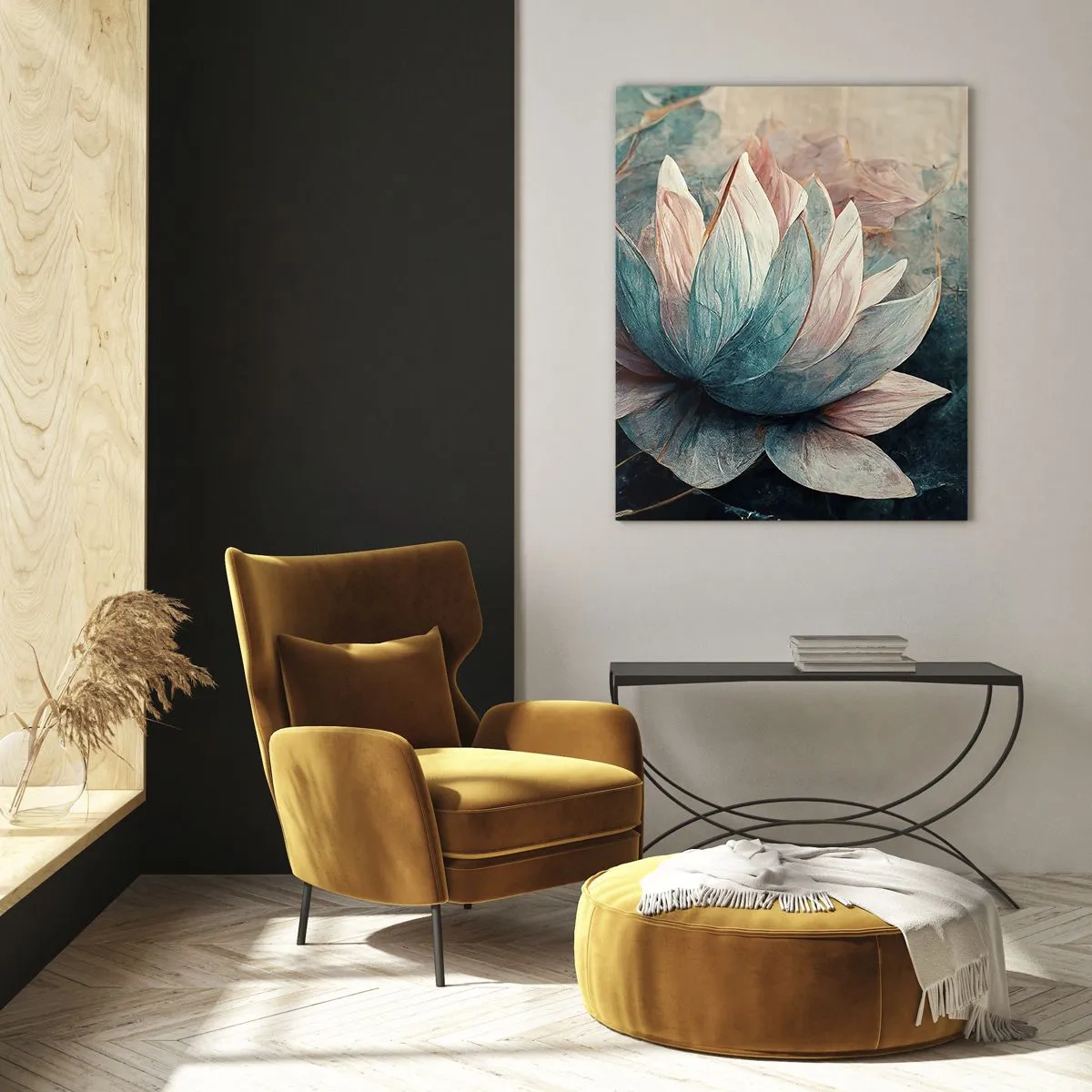 Glasbild - Bild auf glas - Künstlerische Darstellung von Lotusblumen vor einem Hintergrund aus Wasserblättern. - 50x70cm - Seesterne - Moderne Wanddekoration für Wohnzimmer und Schlafzimmer ARTTOR