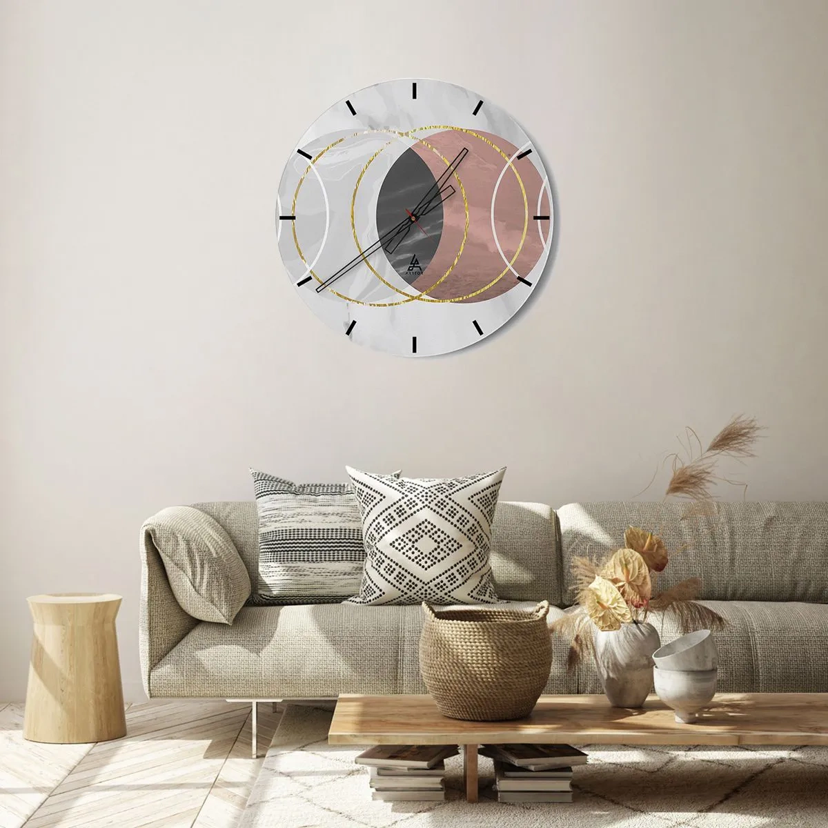 Wanduhr - Glasuhr - Geometrische Kreise in Grau- und Kupfertönen mit goldenen Akzenten - 30x30cm - Musik der Sphären - Moderne Wanddekoration für Wohnzimmer, Küche und Schlafzimmer ARTTOR