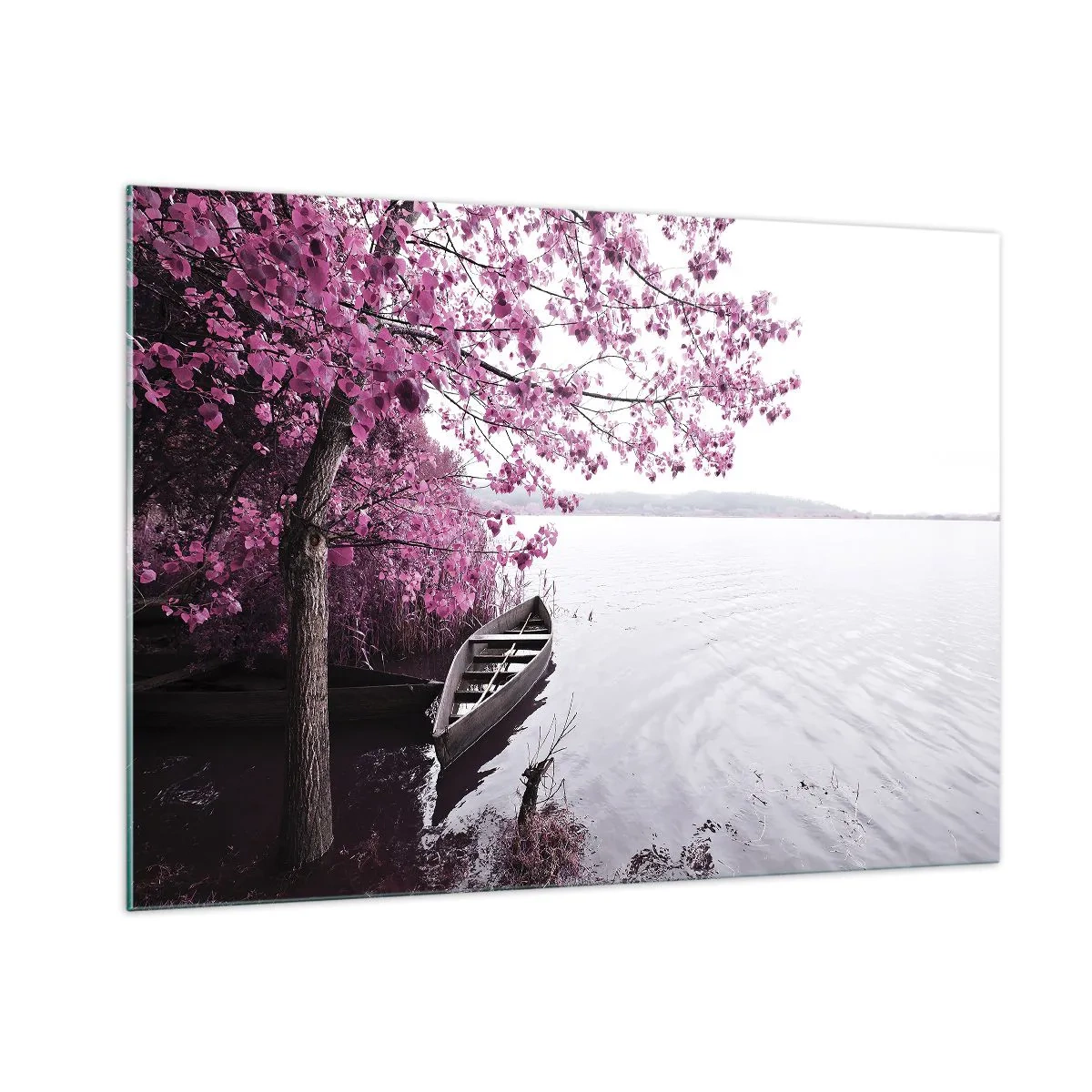 Glasbild - Bild auf glas - Ein Boot am Ufer mit einem rosa Baum über dem Wasser - 100x70cm - In rosa Stille - Moderne Wanddekoration für Wohnzimmer und Schlafzimmer ARTTOR