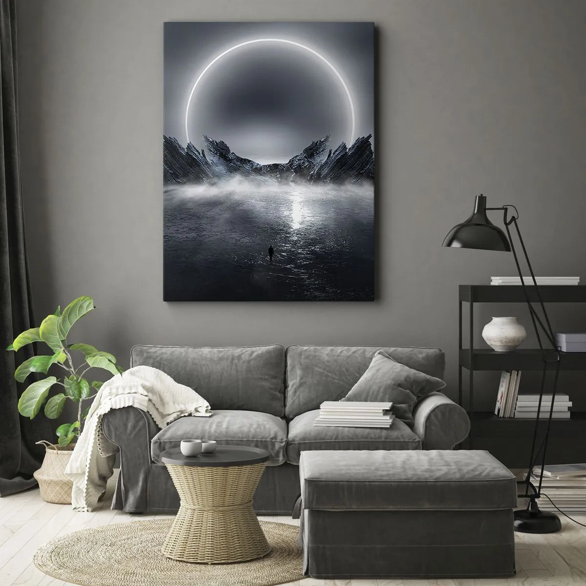 Bild auf Leinwand - Leinwandbild - Mysteriöse Landschaft mit einem Lichtring über den Bergen - 80x120cm - Ende der Geschichte - Moderne Wanddekoration für Wohnzimmer und Schlafzimmer ARTTOR